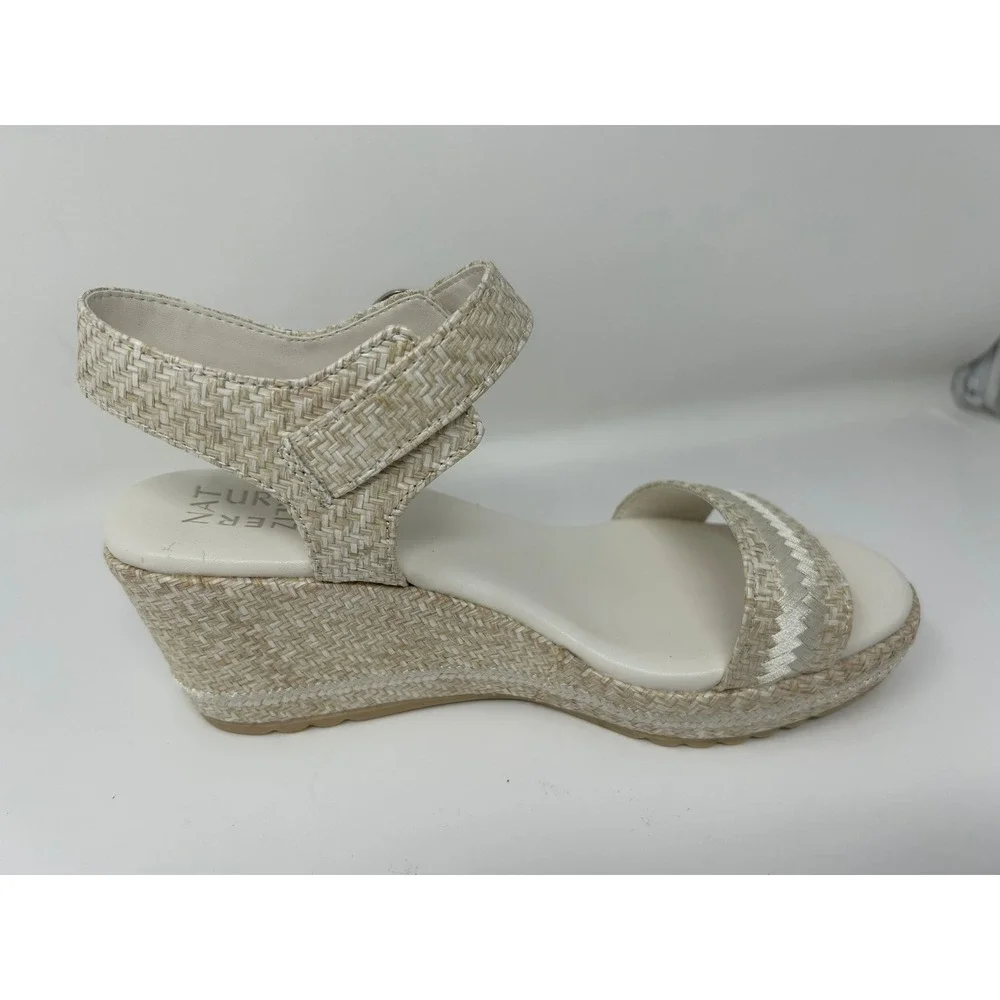 Naturalizer Womens Cream Woven Wedge Sandals Platform Ankle Strap Shoes 9 Wide